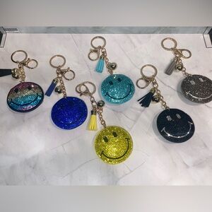 Rhinestone puffed Smiley Face Keychain Bag Charm with Tassel